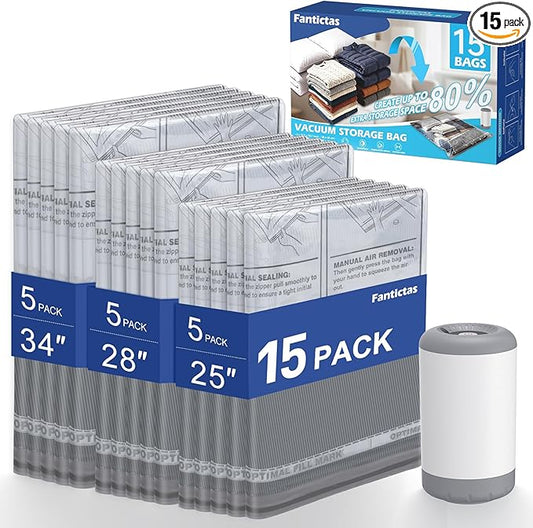 Travel Vacuum Storage Bags with Rechargeable Air Pump, 15 Pack Portable Space Saver Bags, Compression Bags for Clothing, Bedding, Seasonal Storage & Packing Bags for Moving