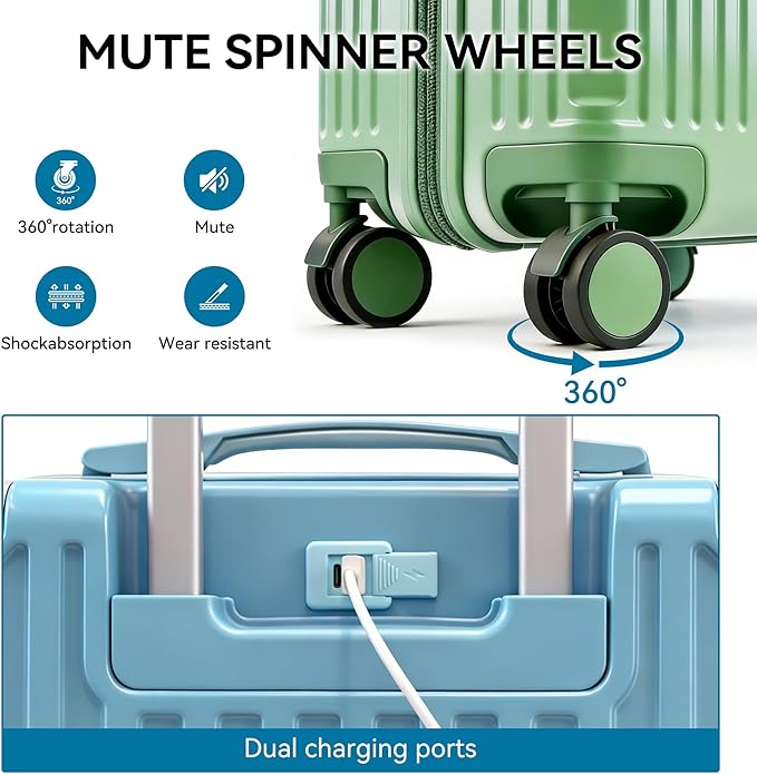 Carry On Luggage with Spinner Wheels,PC Hard Shell Suitcase with USB Port,Lightweight Travel Luggage Airline Approved for Men Women,Green,3-Piece Set (14/20/24)