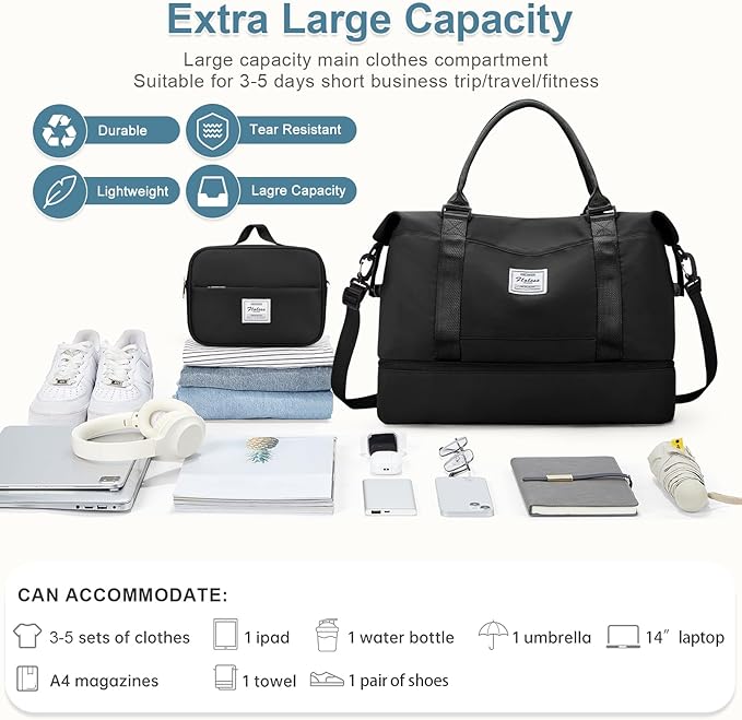Large Weekender Bags for Women, Travel Duffel Bags with Shoe Compartment,Personal Item Travel Carry on Overnight bag for women Travel Set,Black