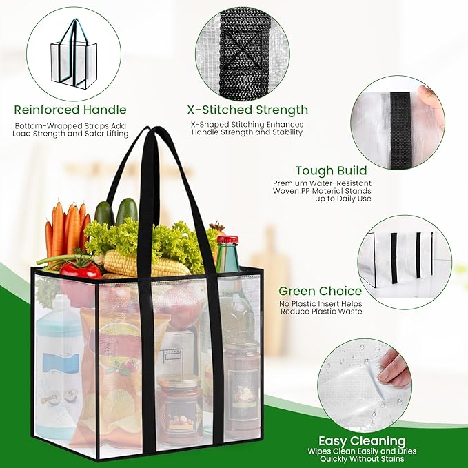 10 Pack Reusable Grocery Bags, Heavy-Duty Shopping Bags with Sturdy Handles, Water-Resistant & Foldable Organizer, Shopping Bags for Groceries, Market, Car Trunk, Multi-Purpose, 33L