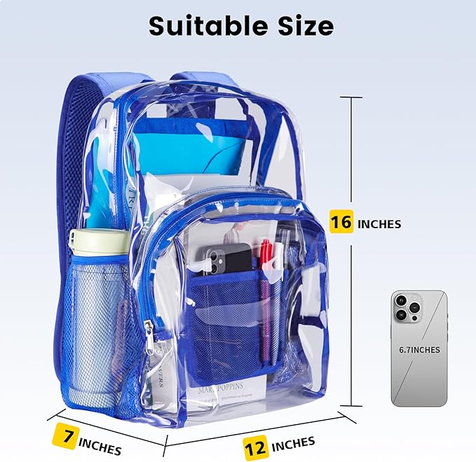 Vorspack Clear Backpack Heavy Duty PVC Transparent Backpack with Reinforced Strap Stitches & Large Capacity for College Workplace Security -Blue