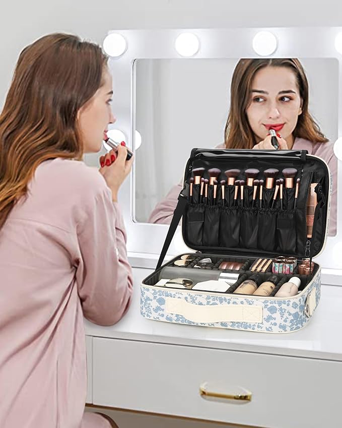 Relavel Makeup Bag Travel Train Case for Women and Girls, Cute Cosmetic Storage Organizer Box Portable Shoulder Bag with Adjustable Dividers and Makeup Brush Comparment, Floral Print