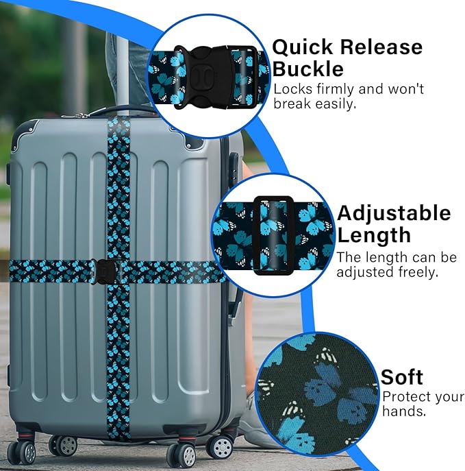 2 Pack Luggage Straps for Suitcases, Adjustable Travel Belt with Double Lock and Quick Release Buckle, Heavy Duty Nylon Bag Packing Strap, Unique Identifiers Travel Accessories-Blue Butterfly