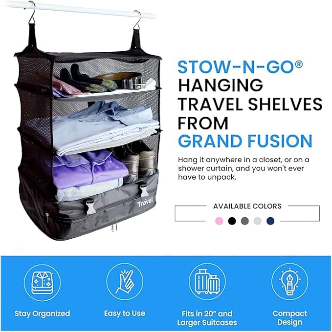 Grand Fusion Stow-N-Go Packing Organizer for Luggage, Portable Hanging Travel Shelves, Carry-On Closet, Hanging Packing Cubes, Collapsible Carry-On Organizer for Cruises & Hotels. Black - XL