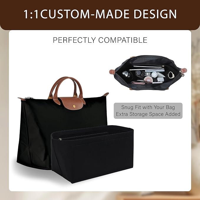 Premium Felt Purse Organizer Insert for Longchamp Le Pliage, Zipper Long Champ Bag Organizer Insert with Cup Holder, 9 Compartments