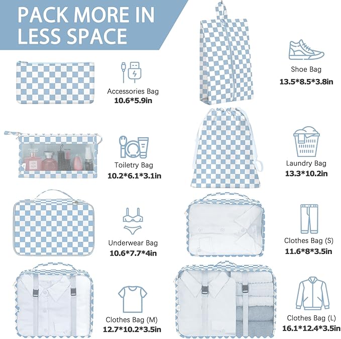 8 Set Packing Cubes for Travel, Luggage Packing Organizers Accessories Large Toiletries Bag for Clothes Shoes Cosmetics (Blue Checkered)