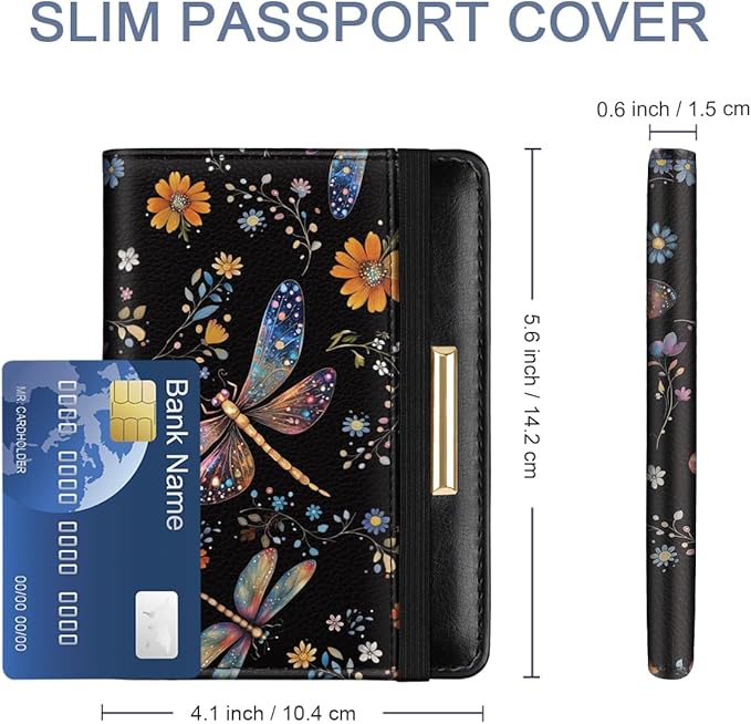Passport Holder Cover Travel RFID Blocking Passport Cover Cute Flowers Passport Wallet with Elastic Band for Women, Dragonflies