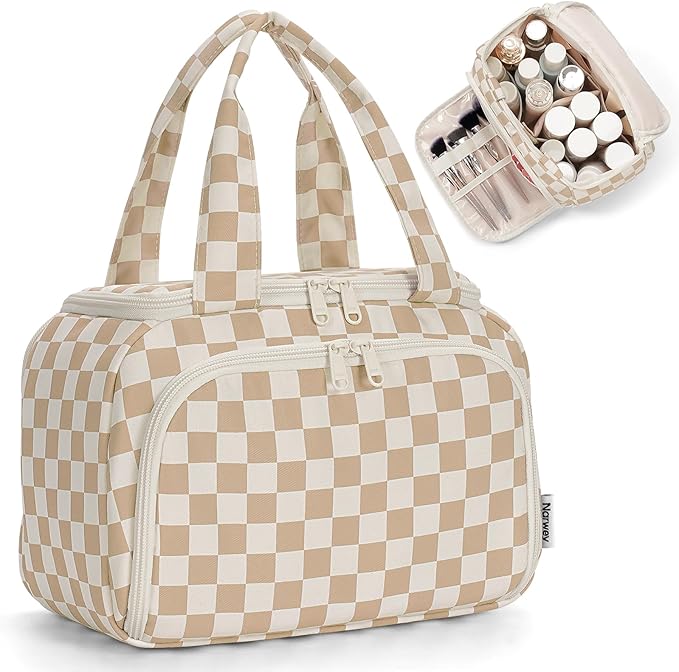Narwey Checkered Travel Toiletry Bag for Women Large Makeup Bag, Wide-open Cosmetic Make Up Organizer with Handle, Travel Bag for Toiletries, Essentials, Accessories (Light Brown Checkerboard)