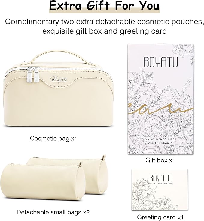 BOYATU Travel Makeup Bag Organizer Cosmetic Bag: 3 Pcs Set Make up Bags for Women with Handle - Waterproof Vegan Leather Toiletry Bags Travel Essentials Pouch with Compartments (C-04-White)