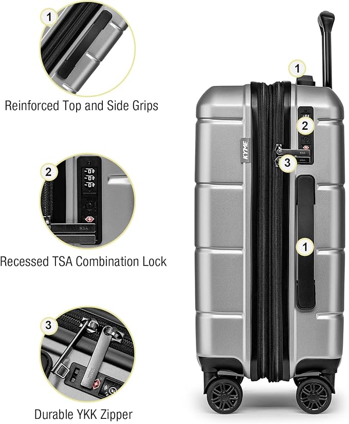 KYME Carry On Luggage 22x14x9 Airline Approved Hardshell 20 Inch with TSA Lock Carry On Suitcase with Wheels Small Travel Rolling Luggage with Cup Holder for Women Men Silver