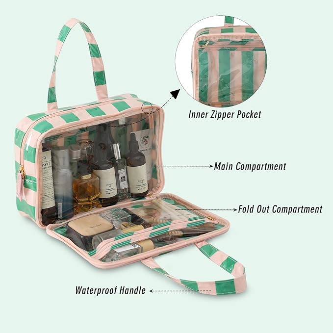 Travel Toiletry Bag for Women, Waterproof Clear Coated Portable Stripe Makeup Cosmetic Bag with Compartment, Travel Organizer for Shampoo, Conditioner, Brushes Set,Cosmetic Accessories(Pink-Green)