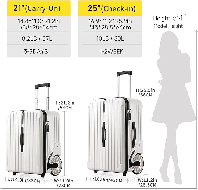 Extra Large Wheels Carry On Luggage Hard Shell Suitcase Top Opening Hardside Travel Luggage with TSA Lock (Black, 21-Inch)