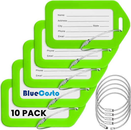 BlueCosto - Luggage Tags - Green, 10 Pack - Suitcase Tags with Name ID Card & Heavy-Duty Metal Wire Loops - Bright Colored PVC Identifiers for Travel Baggage - Backpack Name Labels