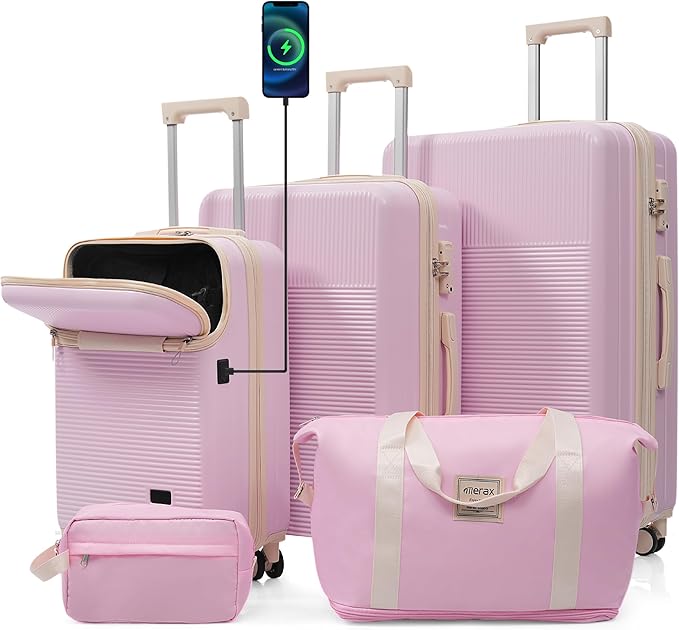 Merax Luggage Sets 5 Piece,Front Half-open Hardshell Expandable Suitcase with Spinner Wheels and Duffel Bags,Lightweight Carry on Luggage with USB Port,20/24/28IN,Light Pink