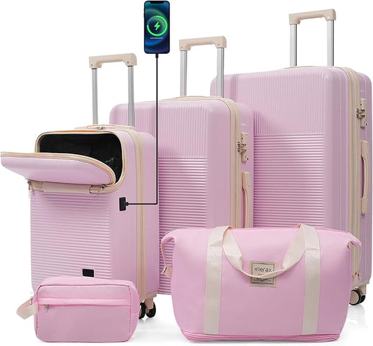 Merax Luggage Sets 5 Piece,Front Half-open Hardshell Expandable Suitcase with Spinner Wheels and Duffel Bags,Lightweight Carry on Luggage with USB Port,20/24/28IN,Light Pink