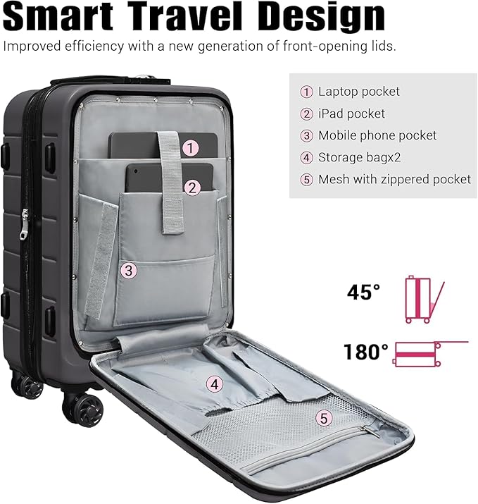SmileLine 3-Piece Luggage Set Lightweight Hardside Suitcase TSA Lock Spinner Wheels, 20" Expandable Carry-On Luggage with Quick Access Front Open Pocket, Bonus Makeup Bag,Grey