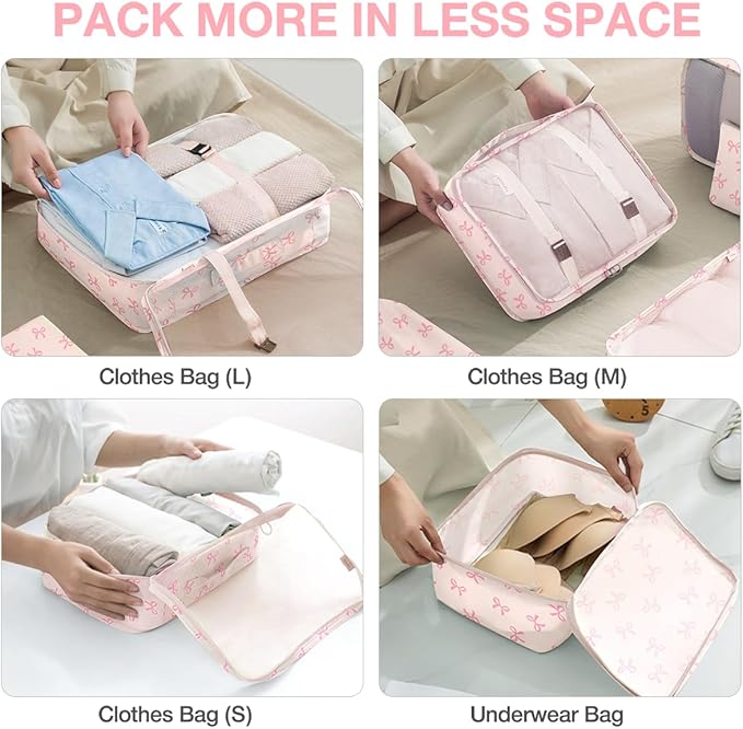8 Set Packing Cubes for Suitcases,Suitcase Organizer with Shoe,Cosmetics,Clothing, and Accessories Bags for Travel Luggage Organizer Women Men(Pink Bows)