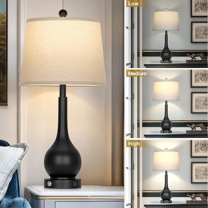 26" Black Table Lamps Set of 2 for Living Room, Touch Control Bedside Lamp for Bedroom, 3-Way Dimmable Nightstand Lamp with USB A+C Port (2 LED Bulbs Included)