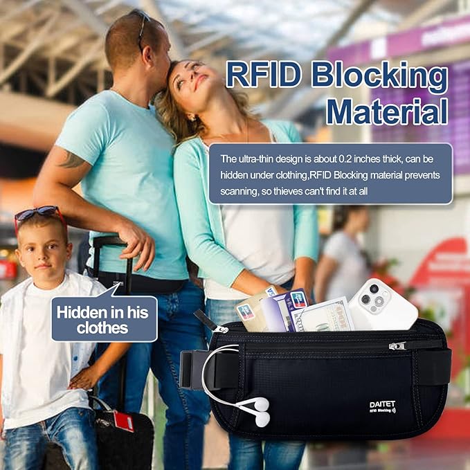RFID Blocking Money Belt for Men Women, Slim Fanny Pack For Travel，Running,Conceal Waist Wallet For Passport Holder,Phone,Cash(Dark Black)