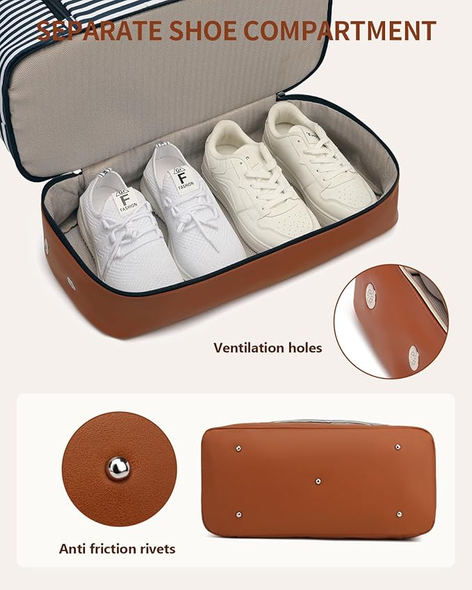 Duffle Bag for Women Travel, Weekender Bag Overnight Bag with Shoe Compartment, Carry on Bag with Crossbody Purse for Over Night, Weekend, Yoga, Gym, Business Trips, Hospital, Blue Strip
