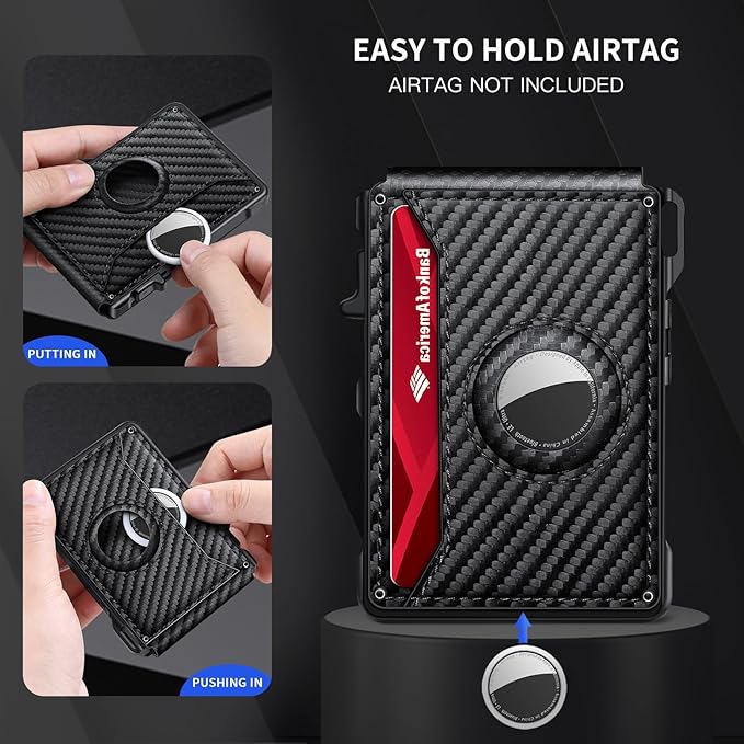 Airtag Wallet for Men, Mens Smart Wallet for Air Tag RFID Blocking, Minimalist Bifold Pop Up Aluminum Credit Card Case Holder 12+ Cards with ID Window, Gift for Men, No Airtag Included, Carbon Orange