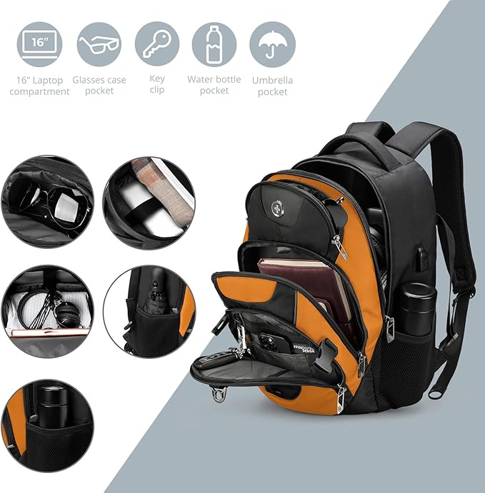 Swissdigital Design Laptop Backpack with USB Charging Port, Travel Backpack Fits 15.6 inches Computer, 31L College School Backpack for Men, Orange/Black | SD803-66