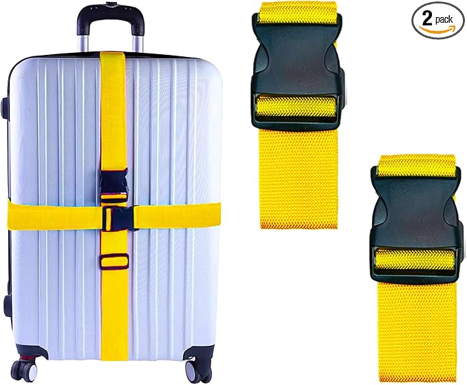 2 Pack Suitcase Belts, Adjustable Luggage Straps, Bright Colors Travel Packing Straps with Quick Release Buckle (Yellow)