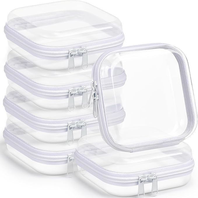 Sanwuta 6 Pcs Clear Hard Zipper Case Plastic Zipper Pouches Transparent Makeup Bag Pencil Case Pouches Toiletry Diaper Bag for Travel Toy Storage Organizer Bins(White,5 x 5 x 2 Inch)
