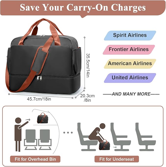 Travel Duffel Bags for Women, Carry-on Overnight Weekender Bag with Wet Pocket & Toiletry Bag, For Spirit Airlines 18x14x8 Personal Item Bag