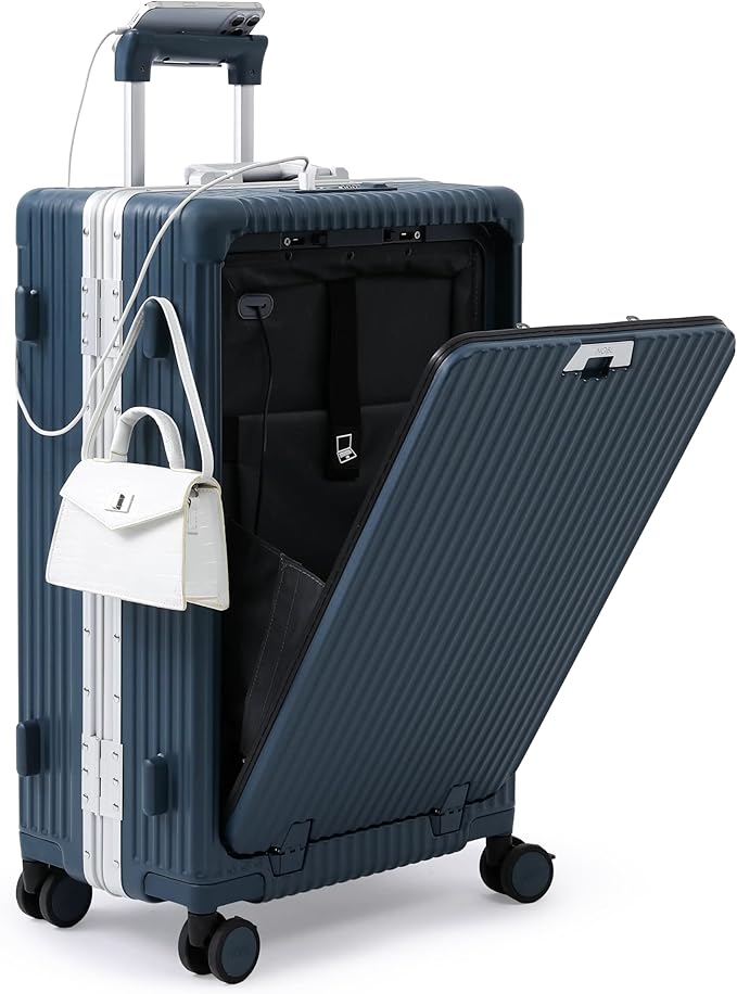 Nobl Travel Zipperless Check In Suitcase - Aluminum Frame, Medium Check In luggage 27x17.5x10.4 Airline Approved by Noble Travel - Polycarbonate Shell - TSA Locks, 360° Spinner Wheels - Midnight Blue