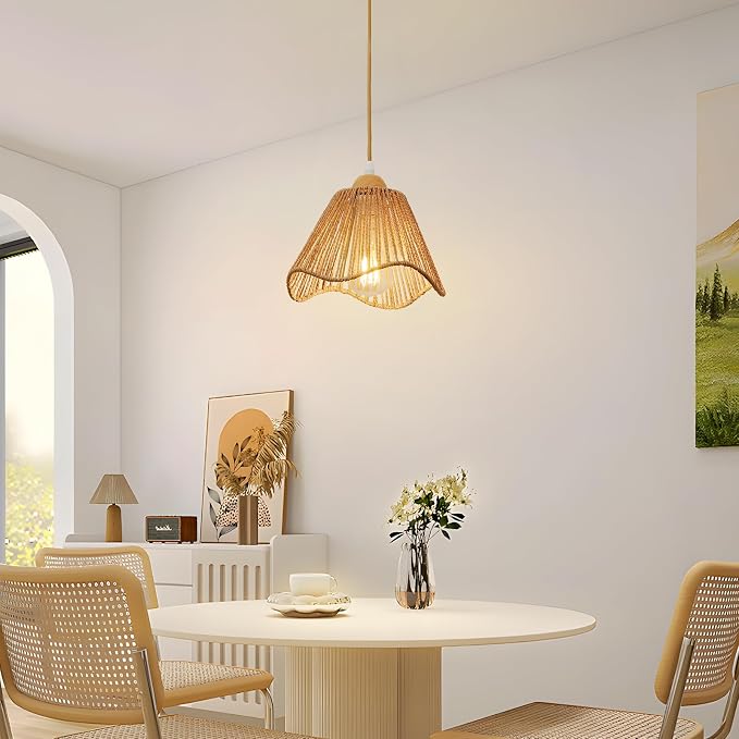Boho Rattan Pendant Light for Kitchen Island Wave Hanging Lamp | Handwoven Rattan Shade Adjustable Height 10-57 Inch E26 Base Farmhouse Chandeliers for Kitchen Islands And Dining Rooms