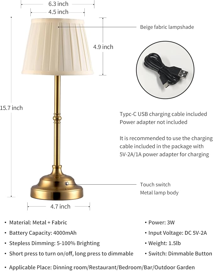 KDG Gold Cordless LED Table Lamps Set of 2, Beige Fabric Shade Desk Lamps | Portable 4000mAh Rechargeable Battery Powered, Dimmable Lighting for Dining Room, Bedroom, Bedside, Night Light, Balcony