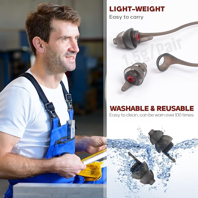 Corded Ear Plugs for Work 2 Pairs, 100x Reusable Ultra-Comfy Earplugs with Detachable String, Hearing Protection for Shooting Range Construction Mowing Focus Safety, 25 dB Noise Reduction