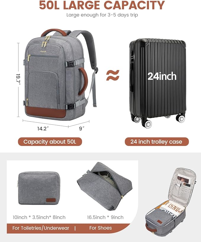 LOVEVOOK 50L Large Carry on Backpack, Travel Backpack for Women Men Flight Approved, Personal Item Travel Bag For Airplanes, Waterproof 18 Inch Laptop Backpack, Business Weekender Overnight Daypack