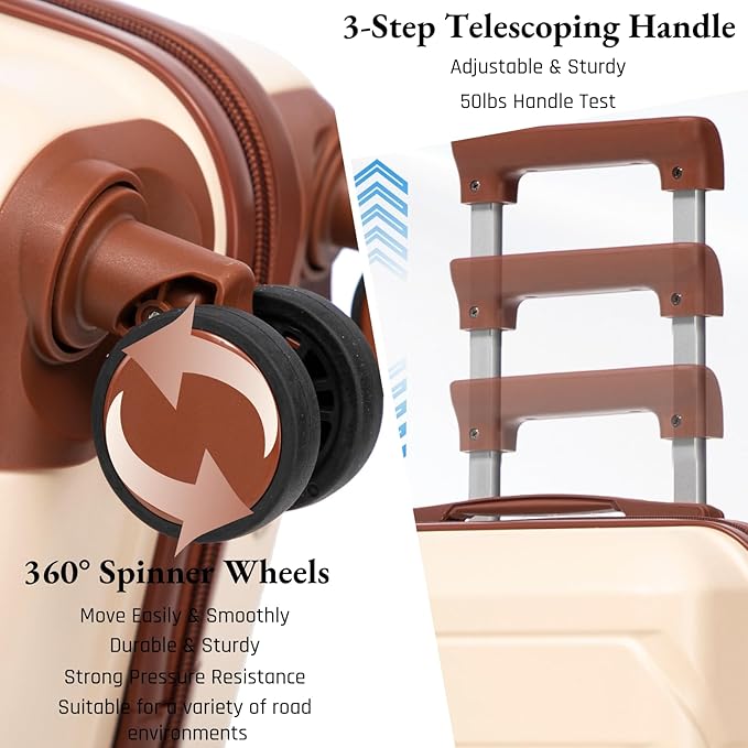 2-Piece ABS Hard Shell Lightweight Carry-On Luggage Set (14" & 20"), 360-Degree Spinner Wheels, Adjustable Telescopic Handle and Combination Lock for Travel, Beige