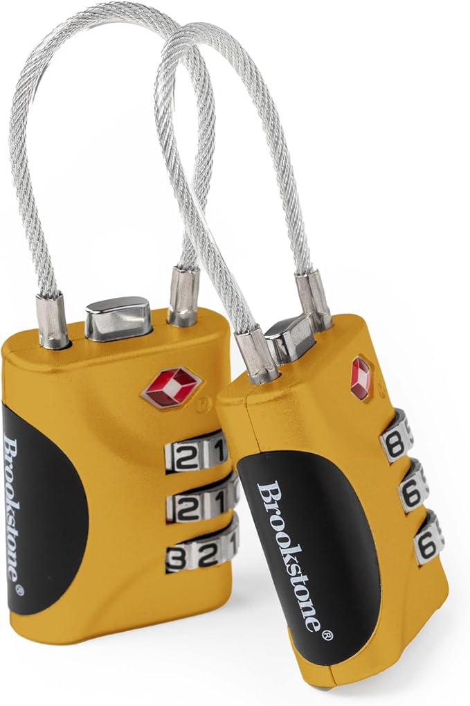Brookstone Cable Lock - 2 Pack TSA-Approved 3-Digit Keyless Luggage Travel Lock - Resettable Combination Wire Padlock, Lemon Yellow