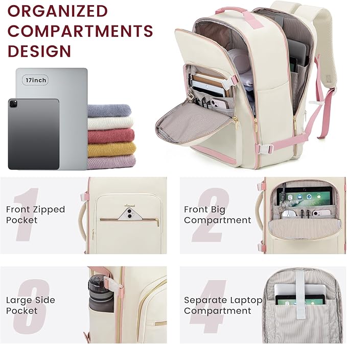 LOVEVOOK 40L Large Travel Backpack for Women Men, 17 Inch Carry on Backpack for Traveling on Airplane, Personal Item Travel Bag Airline Approved, Business Causal Weekender Backpack, Beige-Pink