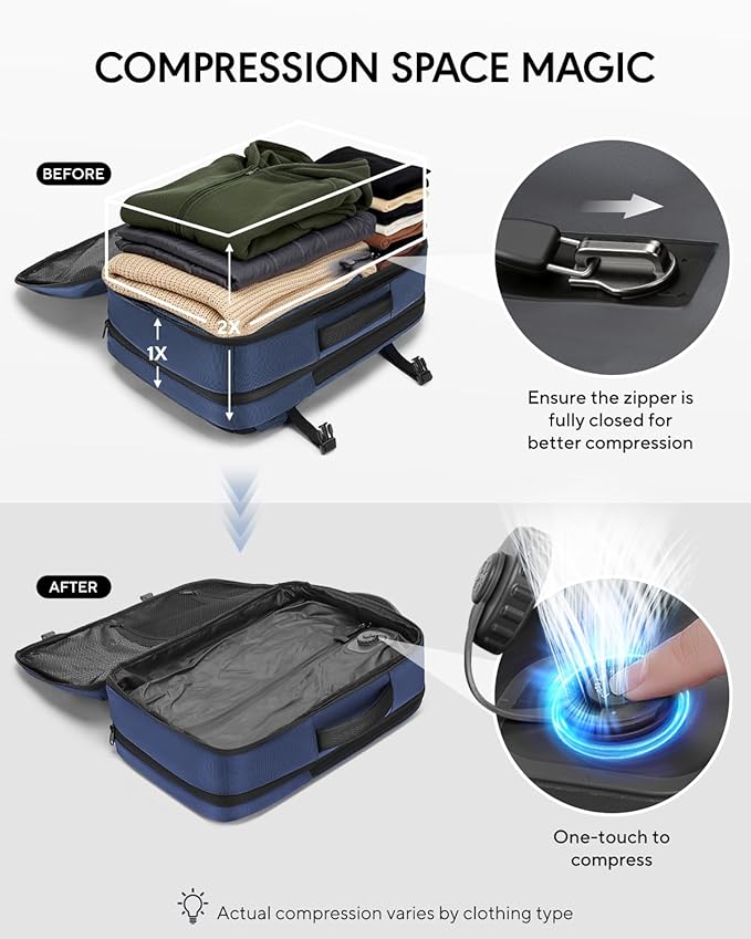Dinictis Vacuum Seal Travel Backpack 60L Built-in Pump, Expandable Backpack with Vacuum Compression Fits 17 inch Laptop, Water Resistant Carry On Suitcase Luggage for Short Trip and Business-Blue