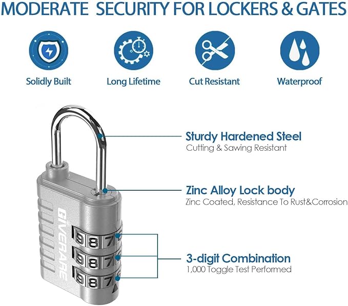 GIVERARE 8 Pack Combination Lock, 3-Digit Padlock Keyless, Resettable Luggage Locks for Backpack, Gym & School & Employee Locker, Weatherproof Travel Lock for Fence, Backyard Gate, Hasp, Case-Silver