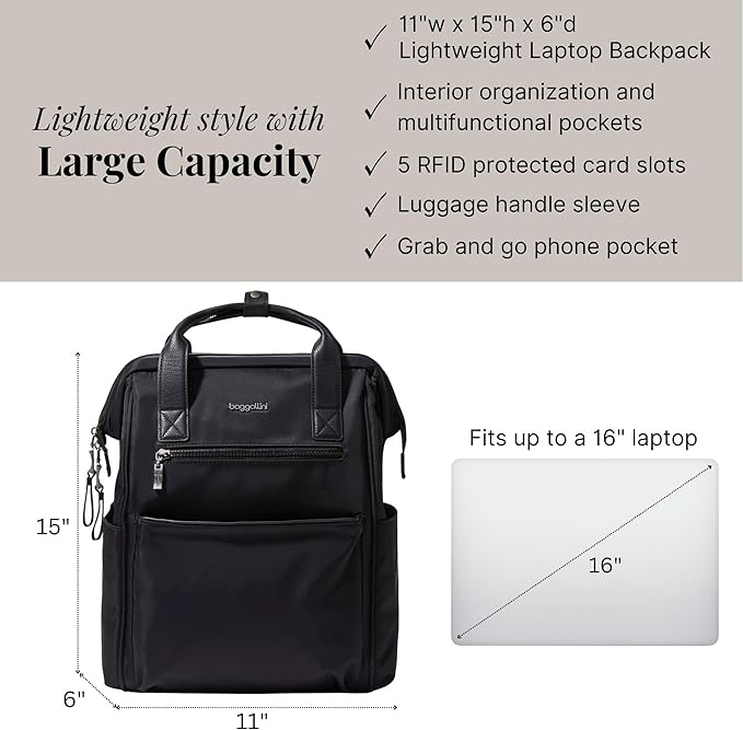 Baggallini Soho Backpack - Travel Laptop Backpack for Women - Lightweight Water-Resistant Luggage Bag, Black