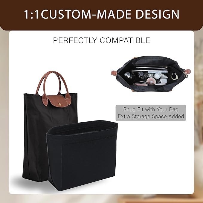 Premium Felt Purse Organizer Insert for Longchamp Le Pliage, Zipper Long Champ Bag Organizer Insert with Cup Holder, 8 Compartments