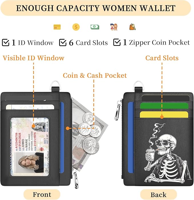 Hancynir Slim Wallet Women Credit Card Holder, Skull Skeleton RFID Blocking Small Mini Card Wallets, Funny Front Pocket PU Leather Card Case, Thin Travel Zipper Coin Cash Ladies Female Wallet Gifts