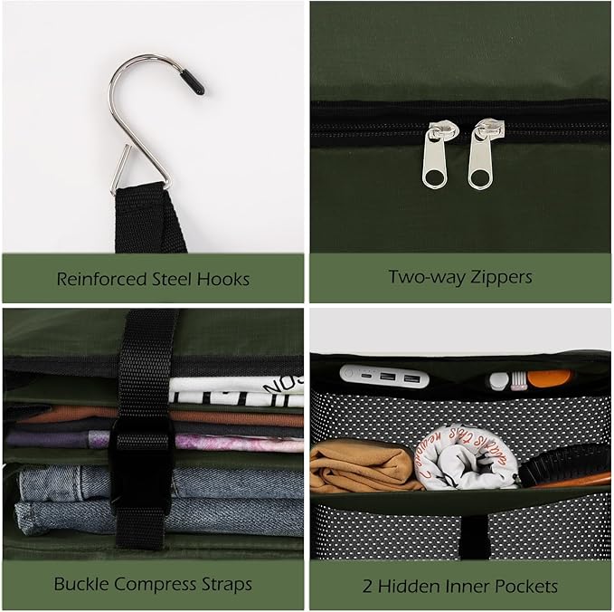 Surblue Hanging Closet Storage Bag Collapsible 3-Shelf Washable Oxford Fabric with 2 Hooks (L 11.41 * 11.41 * 19.68in, Dark Green)