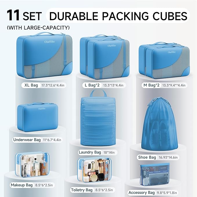 11 Set Packing Cubes for Travel, Gifts for Women Mom Kids, TSA Approved Bags for Makeup, Cosmetic,Toiletry, Suitcase Organizers for Checked Luggage, Cruise Essentials, Airplane Accessories, Azure Blue