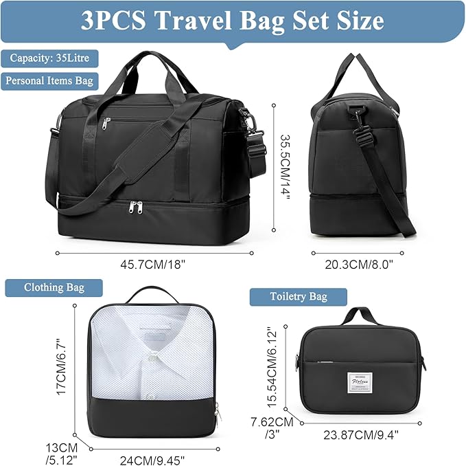 Travel Duffel Bag for Women, Carry-on Overnight Weekender Bags with Wet Pocket & Toiletry Bag, For Spirit Airlines 18x14x8 Personal Item Bag,3 Pcs Set,Small,Black