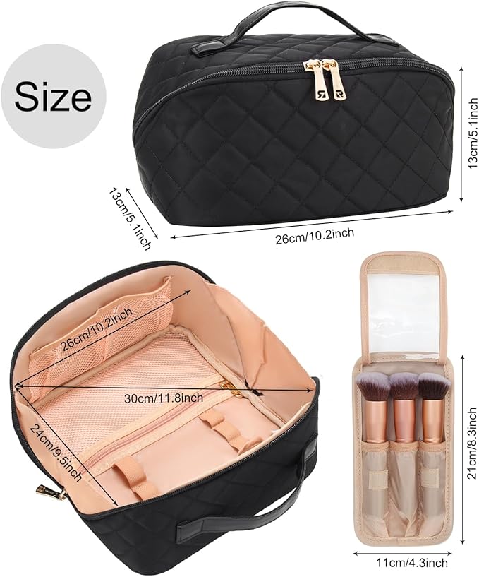 Relavel Travel Makeup Bag, Large Capacity Cosmetic Bag for Women, Waterproof Portable Makeup Pouch with Separate Makeup Brush Board, Wide Open Flat Toiletry Bag - Black