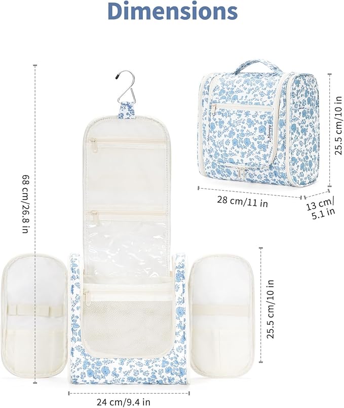 Narwey Large Hanging Toiletry Bag for Women Travel Makeup Bag Make up Organizer Toiletries Bag for Cosmetics Essentials Accessories (Large, Blue Flower)