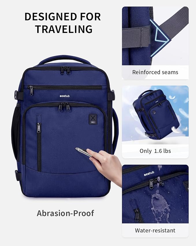 ECOHUB 17" Small Travel Backpack, United Airlines Personal Item Bag 17x10x9 with 16 Pockets, Water Resistant Rucksacks Fit 15.6" Laptop, AirTag Pocket, Lightweight Casual Daypack, 25L, Blue
