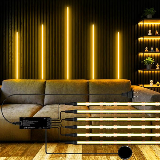 Touch Dimmable Black COB LED Strip Lights 6PCS 12V 6.56Ft 3000K Warm | LED Recessed Lighting Kit Self-Adhesive LED Uner Cabinet Light for Wood Slat Wall Panels Headboards Shelves Display Cabinet