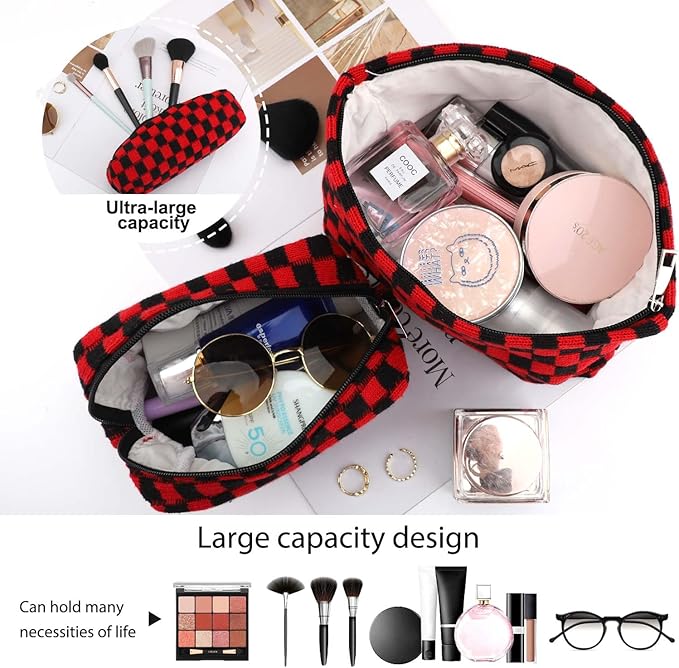 EIMMBD Makeup Bag 3 Pieces Large Capacity Checkered Cosmetic Bags Travel Toiletry Bag Organizer Cute Makeup Pouch Storage for Women(Red & Black)